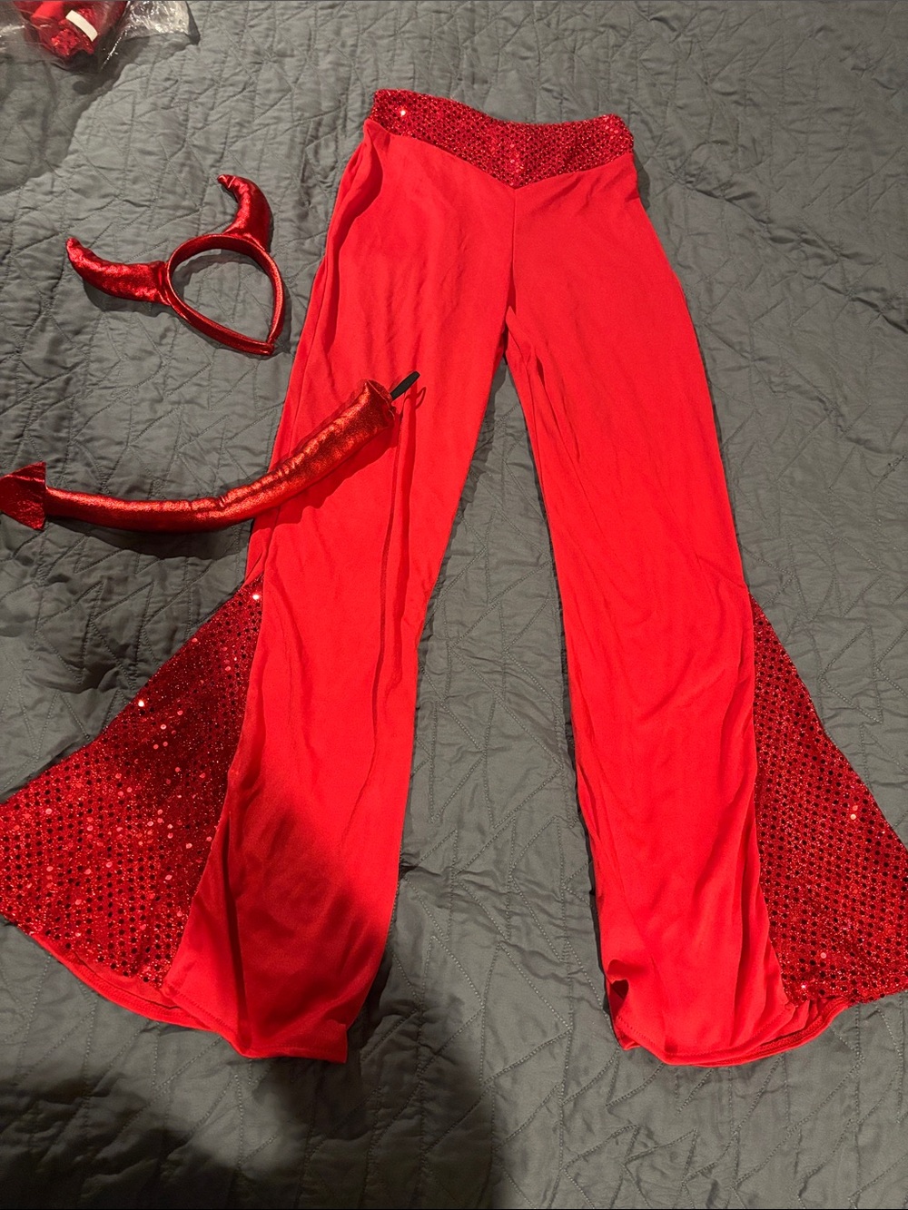 New Red Sequin devil Flared Costume Pants tail and horns girls 12-14